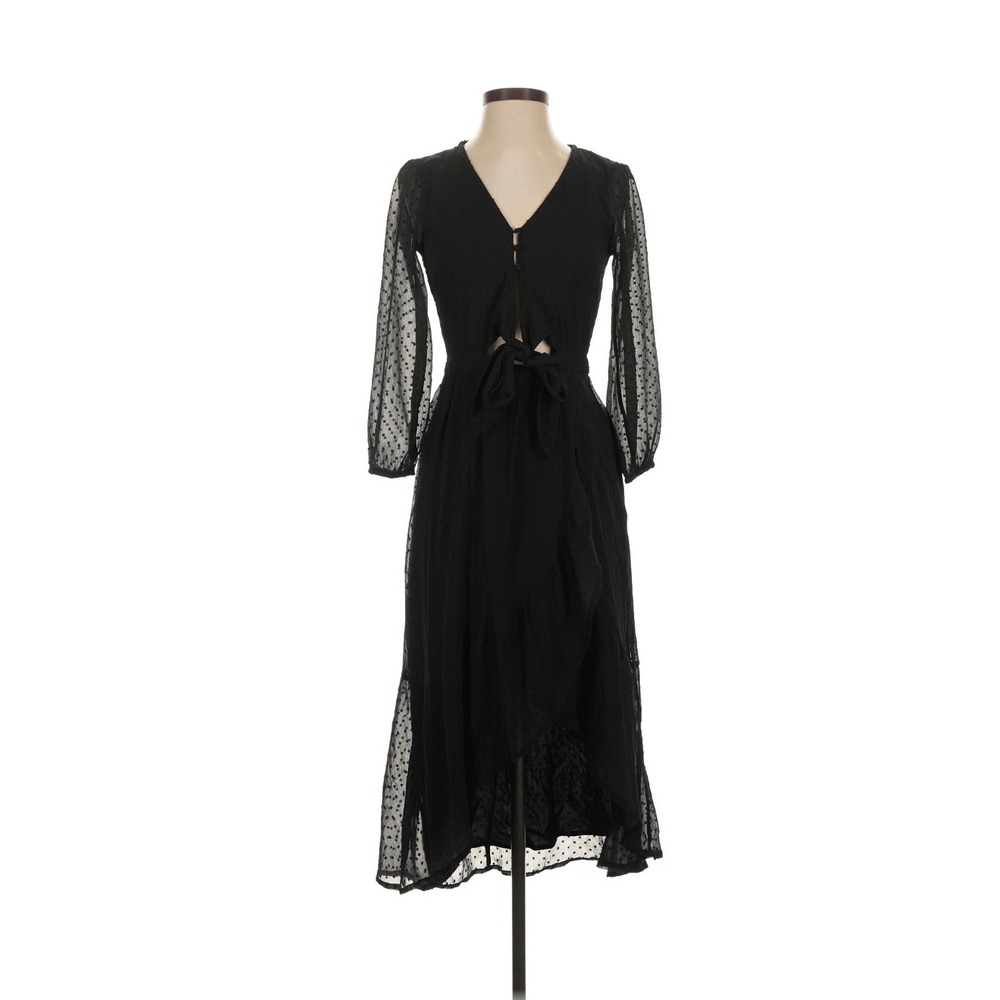 Abercrombie & Fitch Black Swiss Dot Tie Front High Low Midi Dress XS Long Sleeve